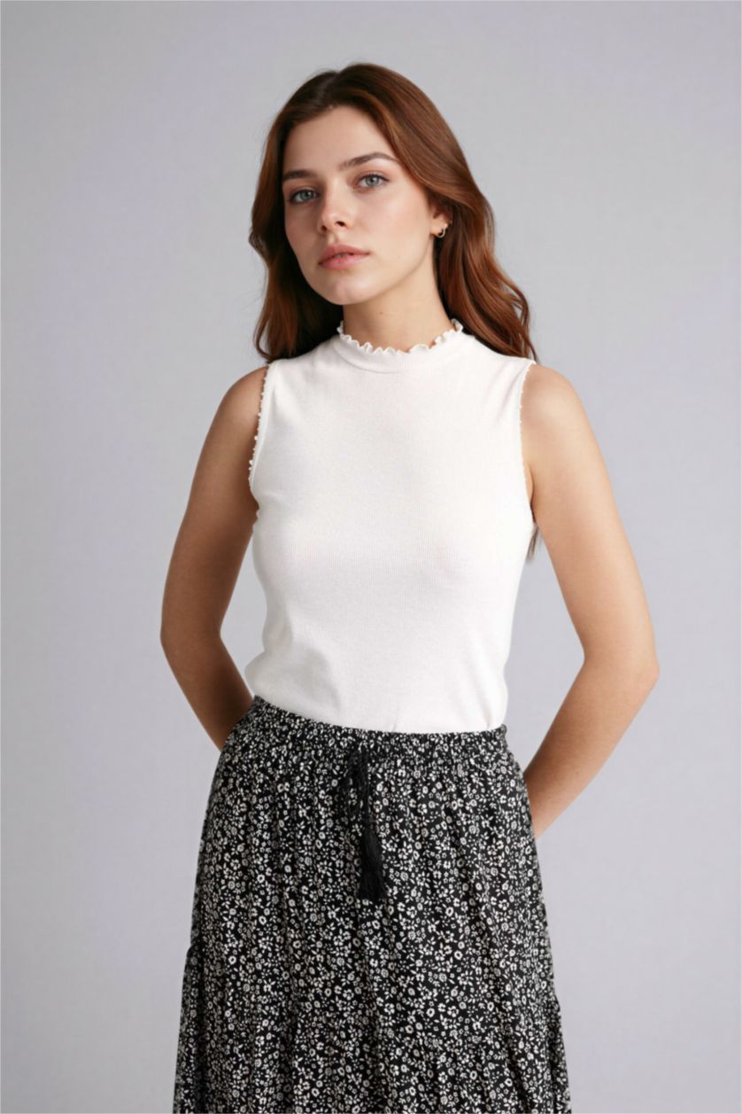 Kadın Ekru Slım Fıt Yarım Balıkçı Yaka Fitilli Kaşkorse Tunik