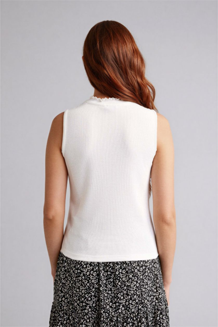 Kadın Ekru Slım Fıt Yarım Balıkçı Yaka Fitilli Kaşkorse Tunik