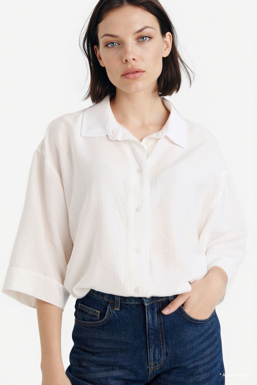 WOMAN Ecru Oversize Fit Shirt Collar Crinkle Fabric Short Sleeve Shirt