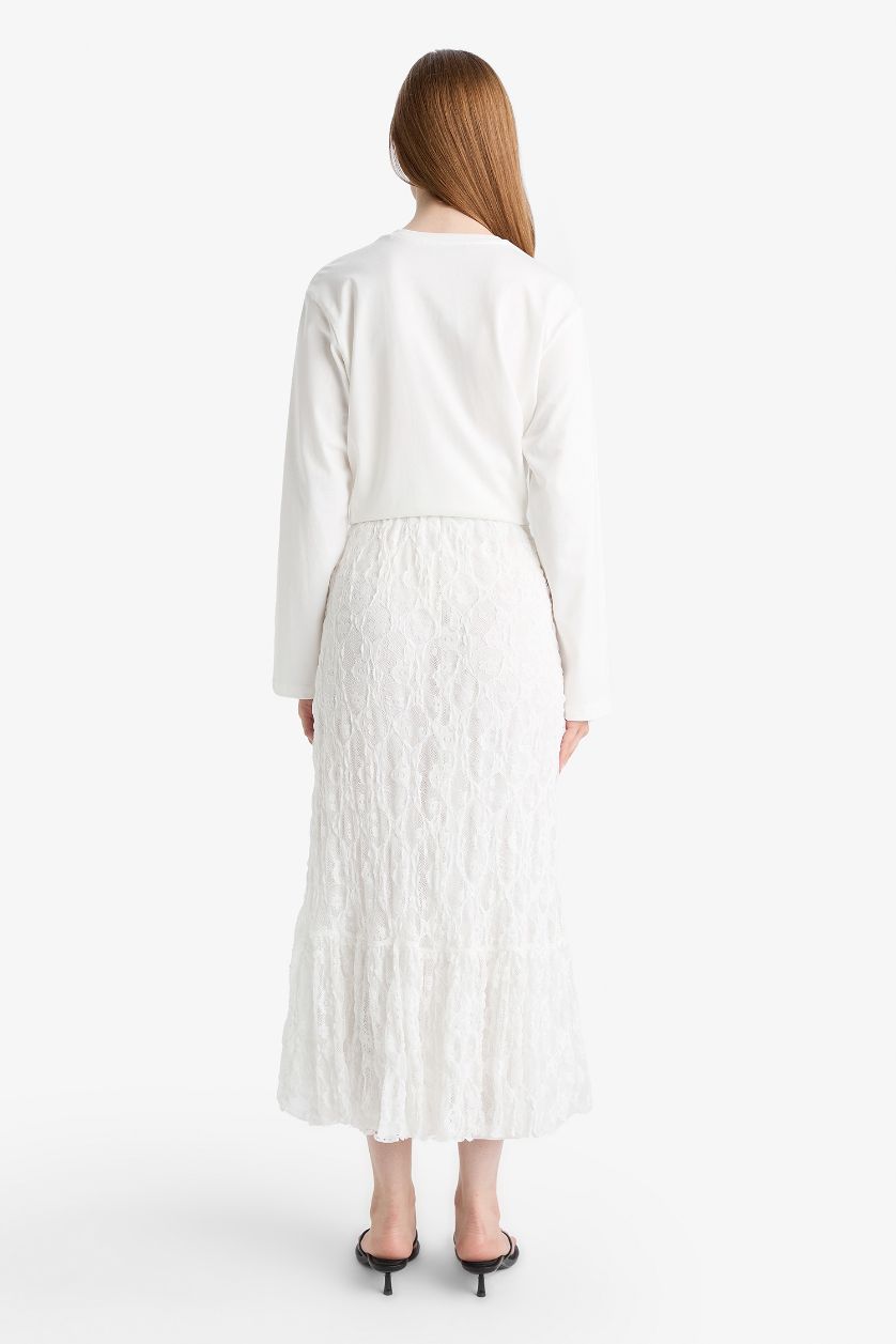 Kadın Beyaz A Kesim Dantel Midi Etek