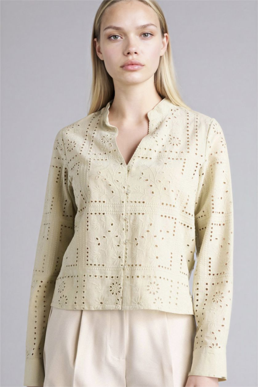 Kadın Açık Haki Regular Fıt Kaçık Yaka Brode Uzun Kollu Gömlek