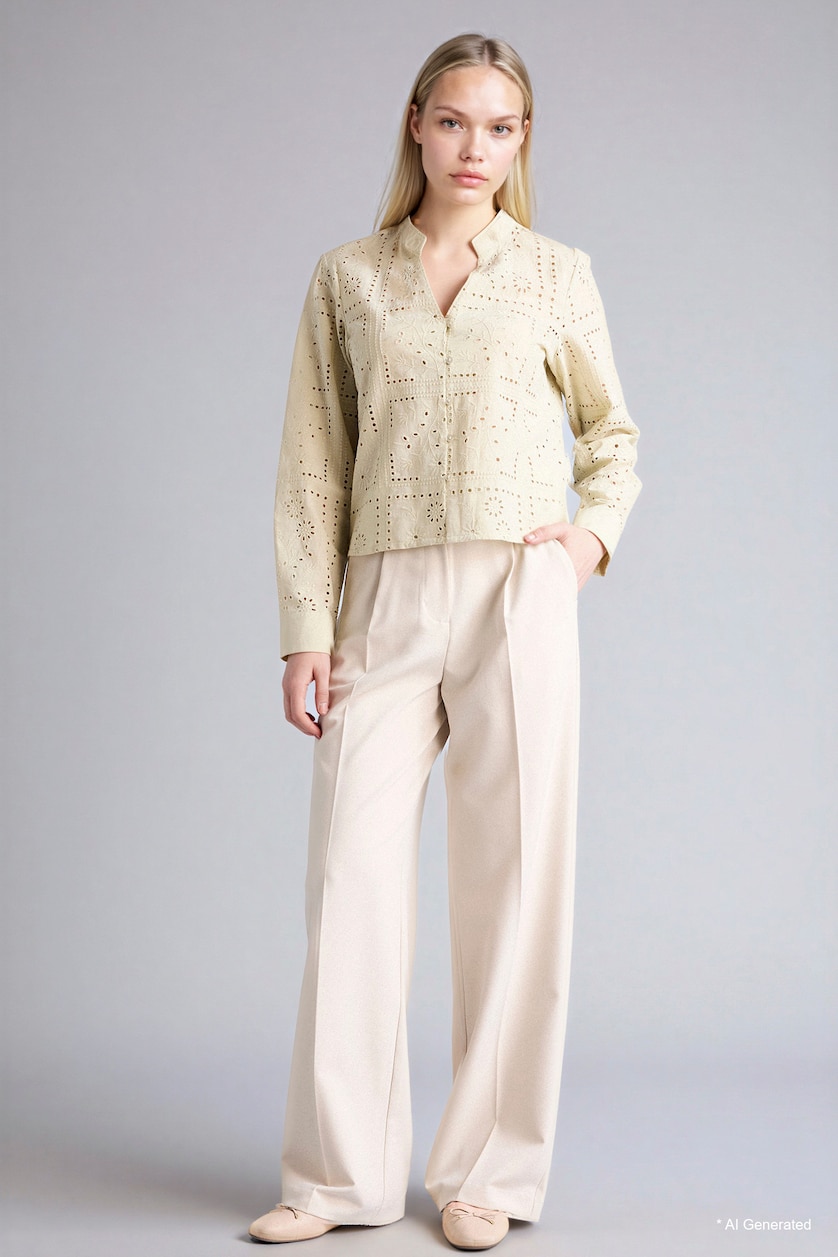 Women Light Khaki Regular Fit Flap Collar brode Long Sleeve Shirt