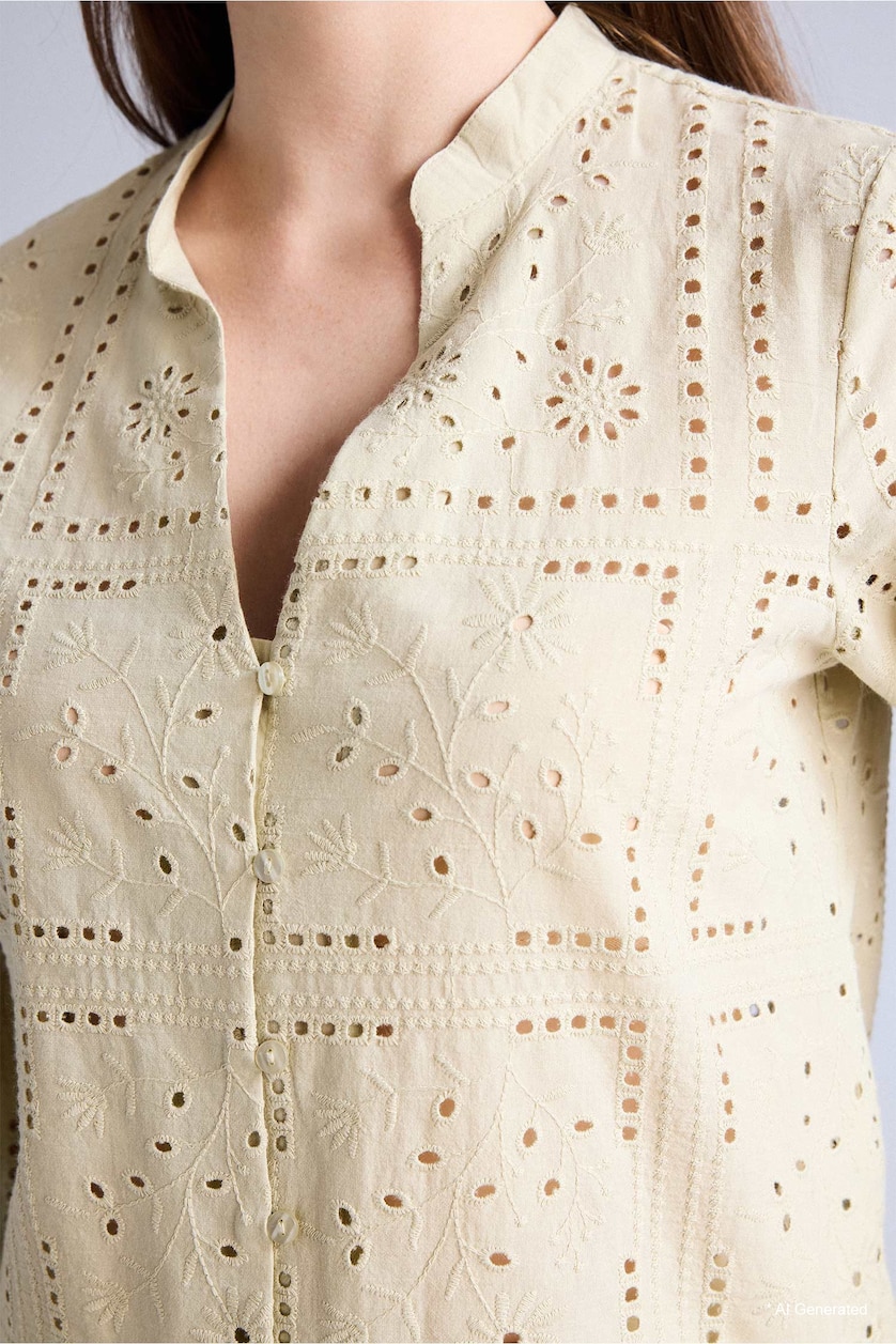 Women Light Khaki Regular Fit Flap Collar brode Long Sleeve Shirt