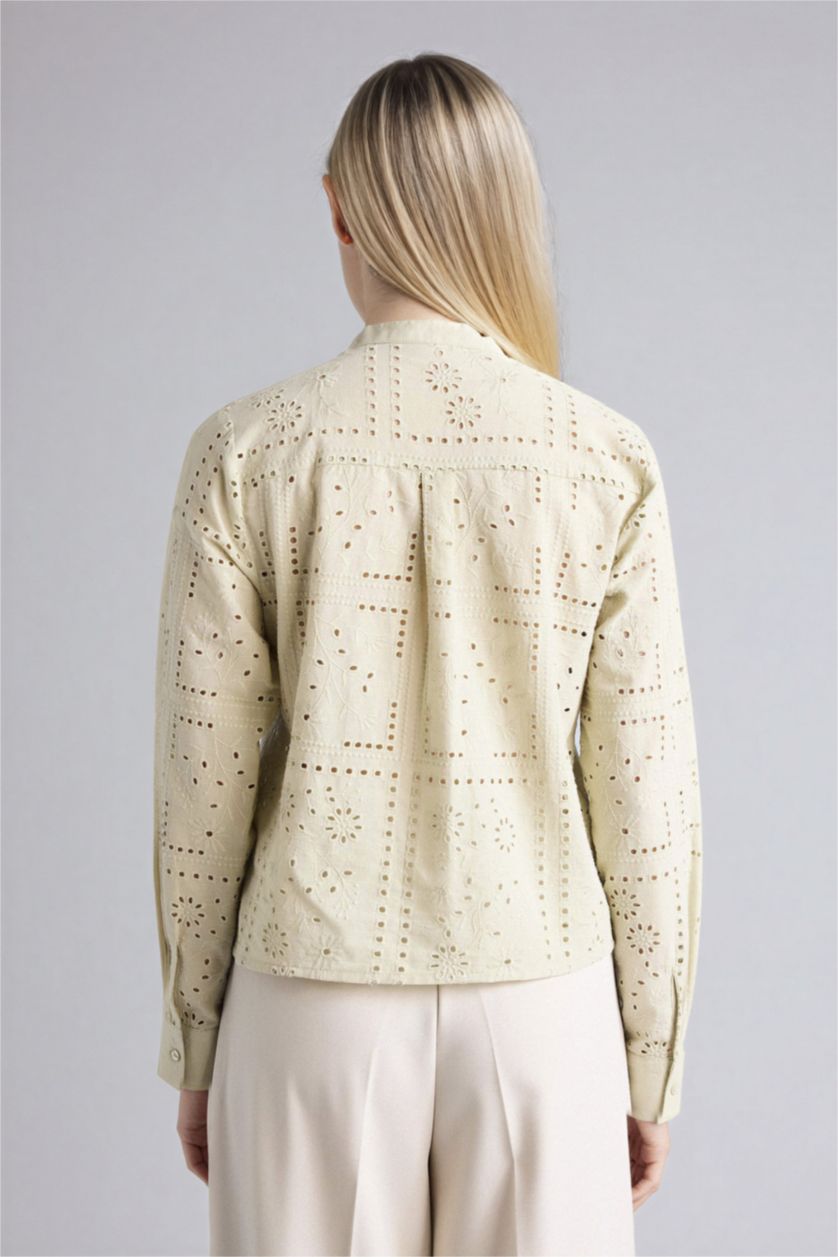 Kadın Açık Haki Regular Fıt Kaçık Yaka Brode Uzun Kollu Gömlek