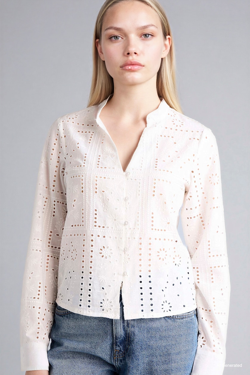 Women White Regular Fit Flap Collar brode Long Sleeve Shirt