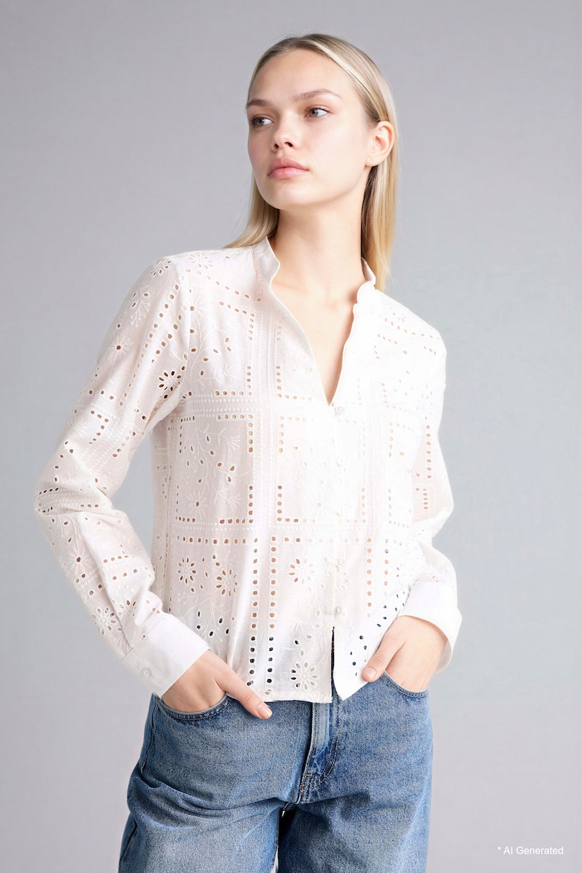 Women White Regular Fit Flap Collar brode Long Sleeve Shirt