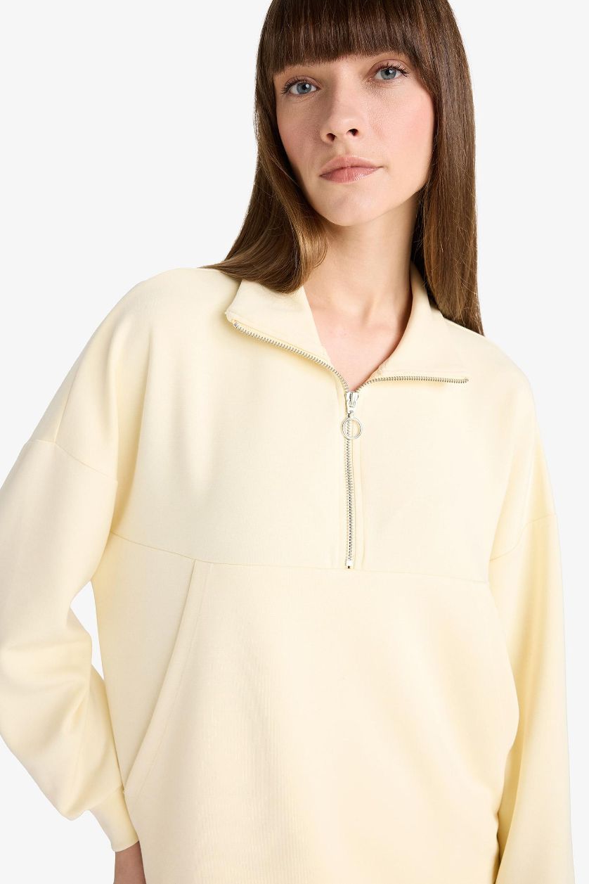 Kadın Açık Sarı Modal Dik Yaka Yarım Fermuarlı Sweatshirt