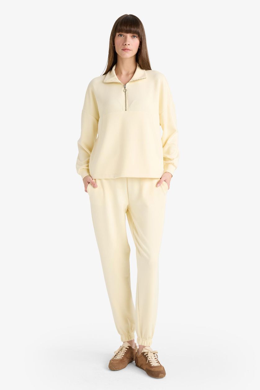 Woman Light Yellow Elastic Waist Basic Pajama Pants