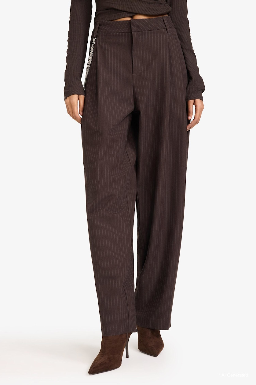 WOMAN Brown Baggy Fit Zipper Striped Trousers