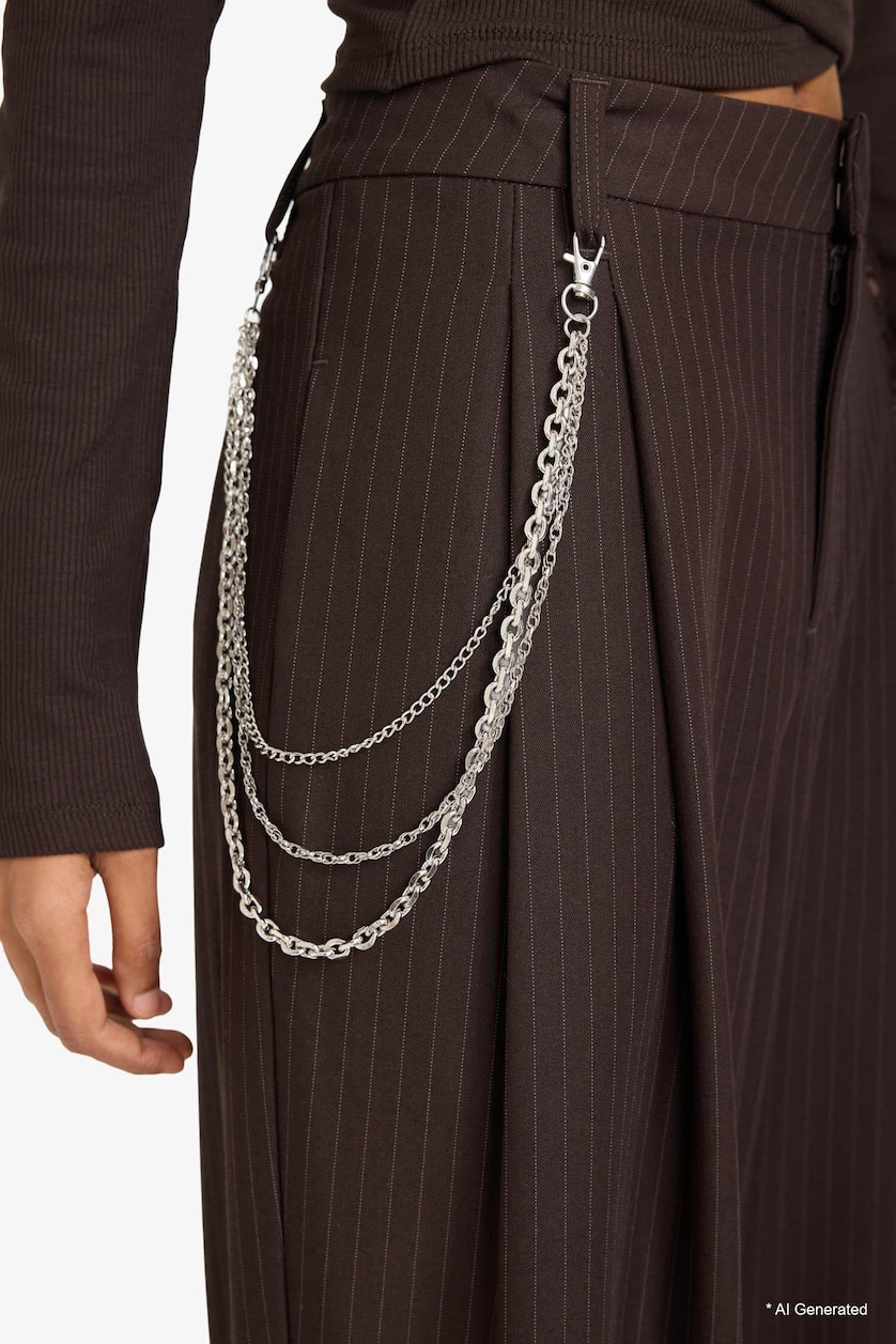 WOMAN Brown Baggy Fit Zipper Striped Trousers