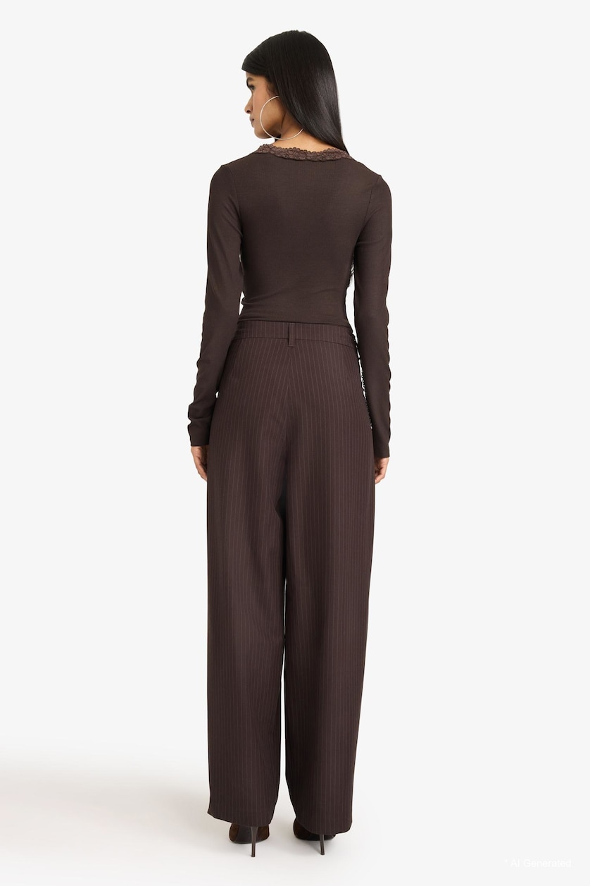 WOMAN Brown Baggy Fit Zipper Striped Trousers