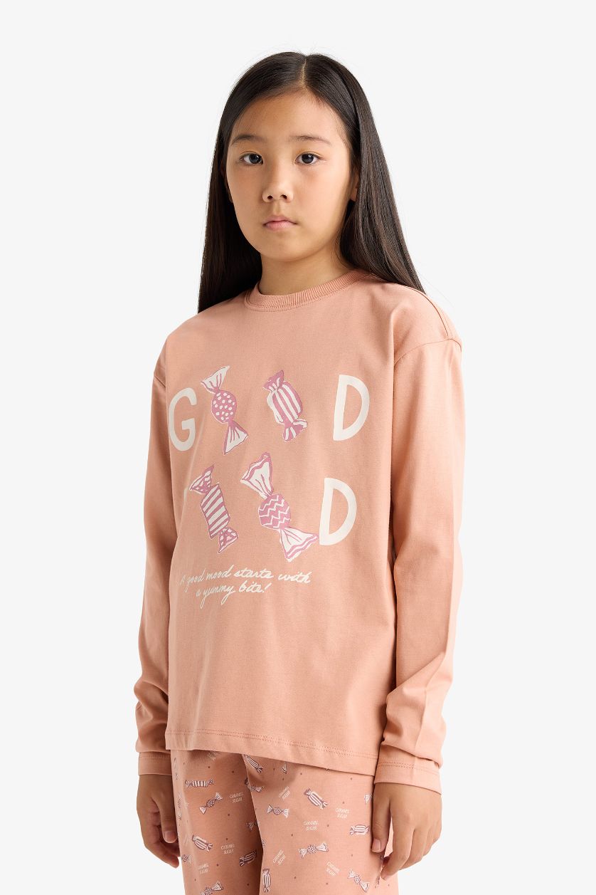 Kız Çocuk - Genç Kız Gülkurusu Pijama Takımı Baskılı Uzun Kollu Üst Uzun Alt Kız Çocuk