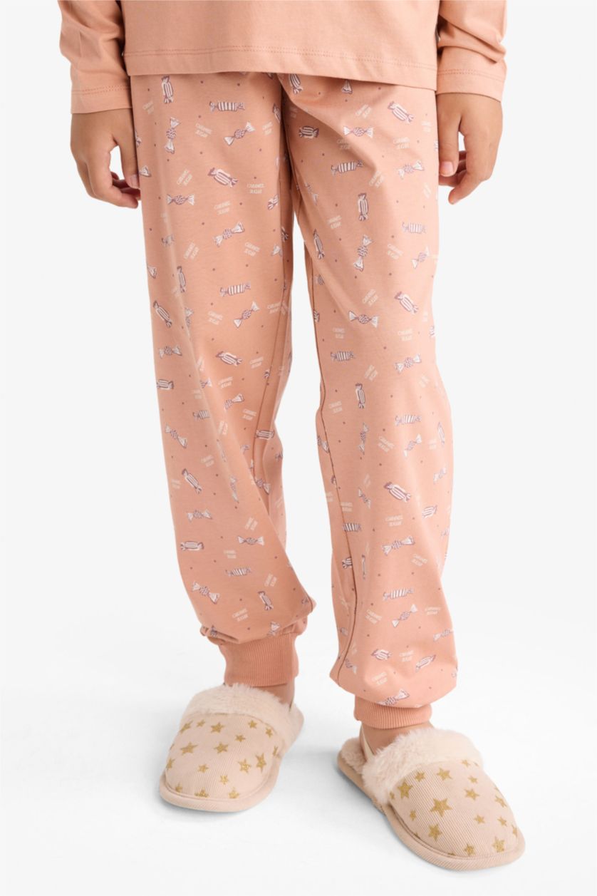 Kız Çocuk - Genç Kız Gülkurusu Pijama Takımı Baskılı Uzun Kollu Üst Uzun Alt Kız Çocuk