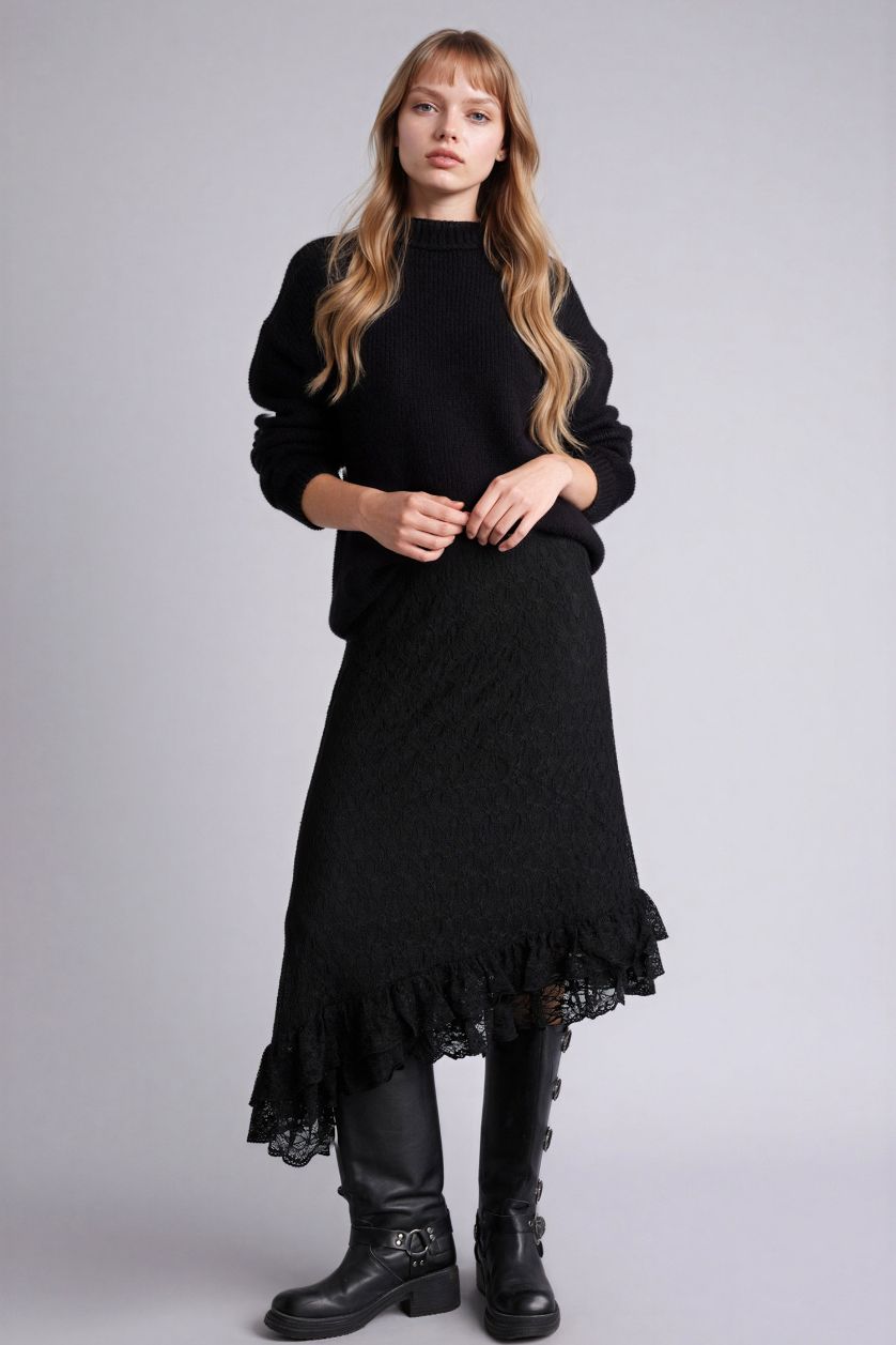 WOMAN Black Coool A Line Lace Combed Lining Normal Waist Midi Knitted Skirt