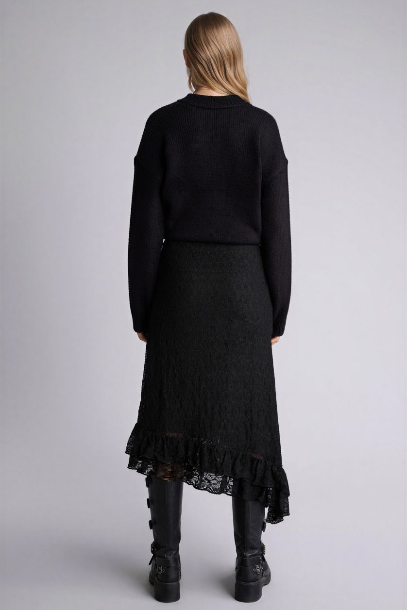 WOMAN Black Coool A Line Lace Combed Lining Normal Waist Midi Knitted Skirt