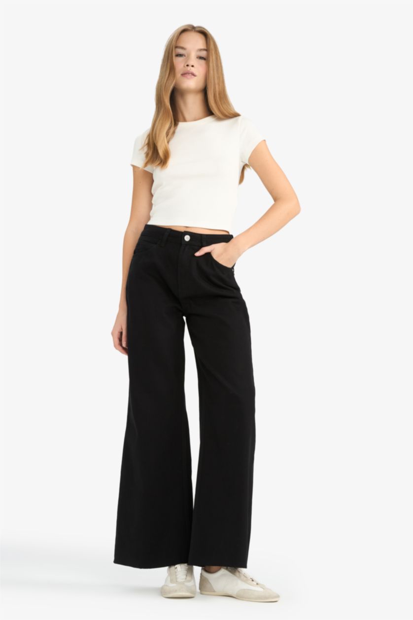 Woman Black Wide Leg Zipper Gabardine Trousers