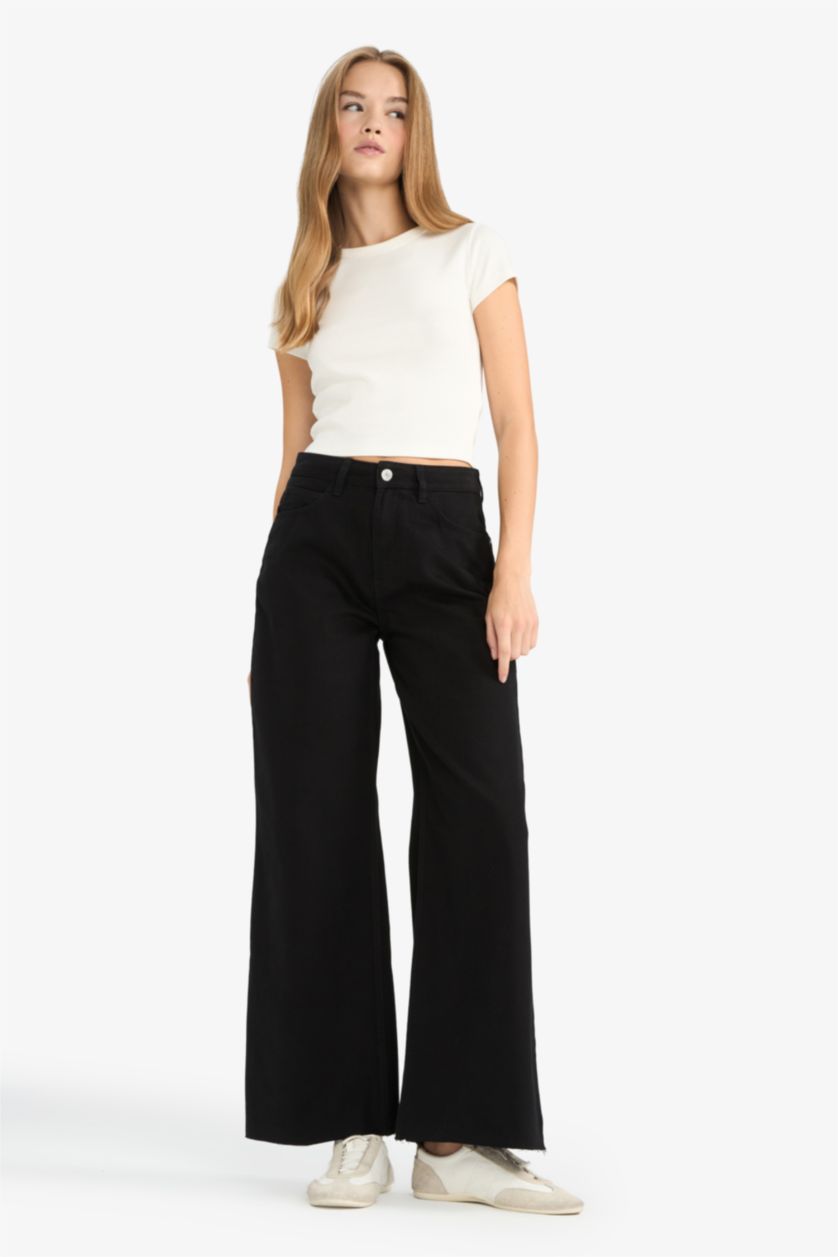 Woman Black Wide Leg Zipper Gabardine Trousers