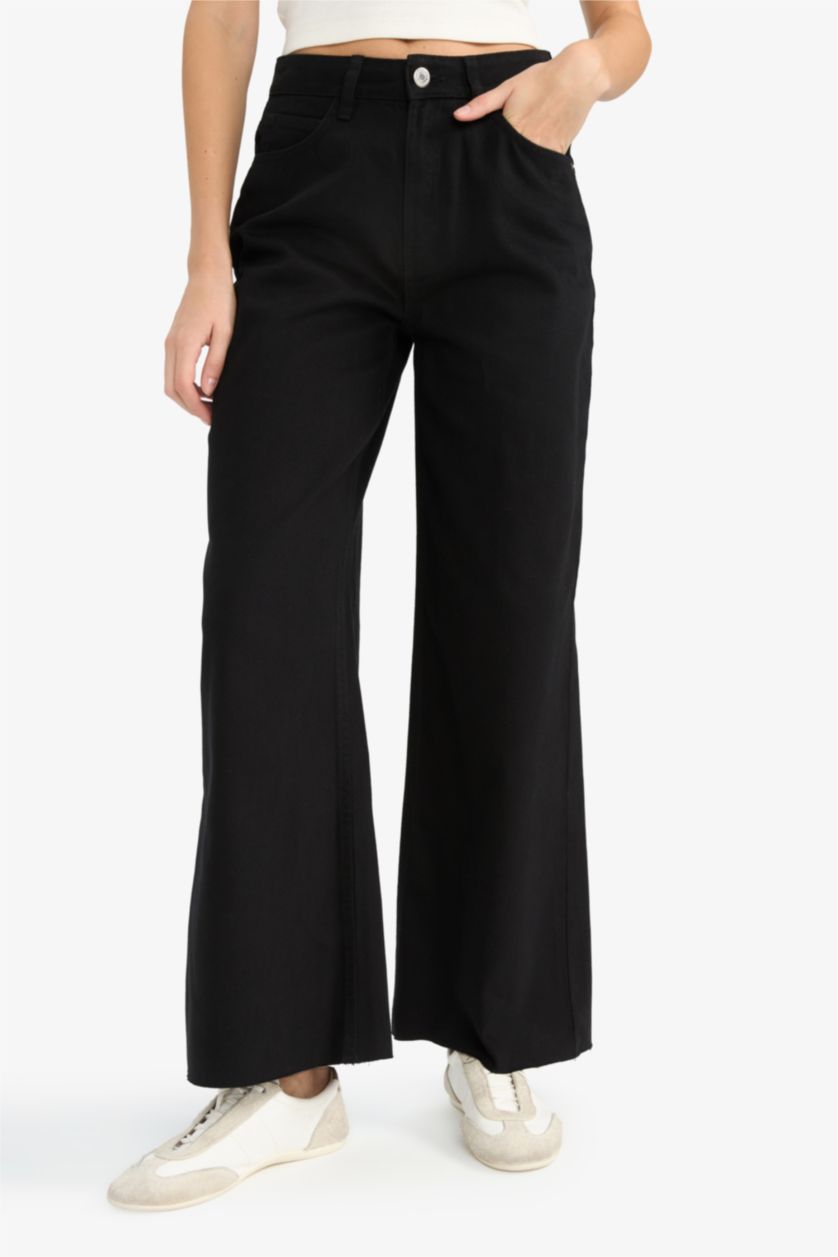 Woman Black Wide Leg Zipper Gabardine Trousers
