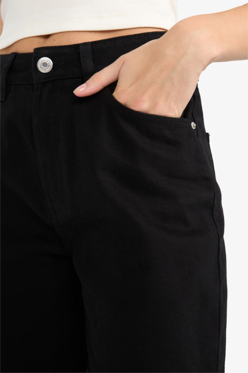 Woman Black Wide Leg Zipper Gabardine Trousers