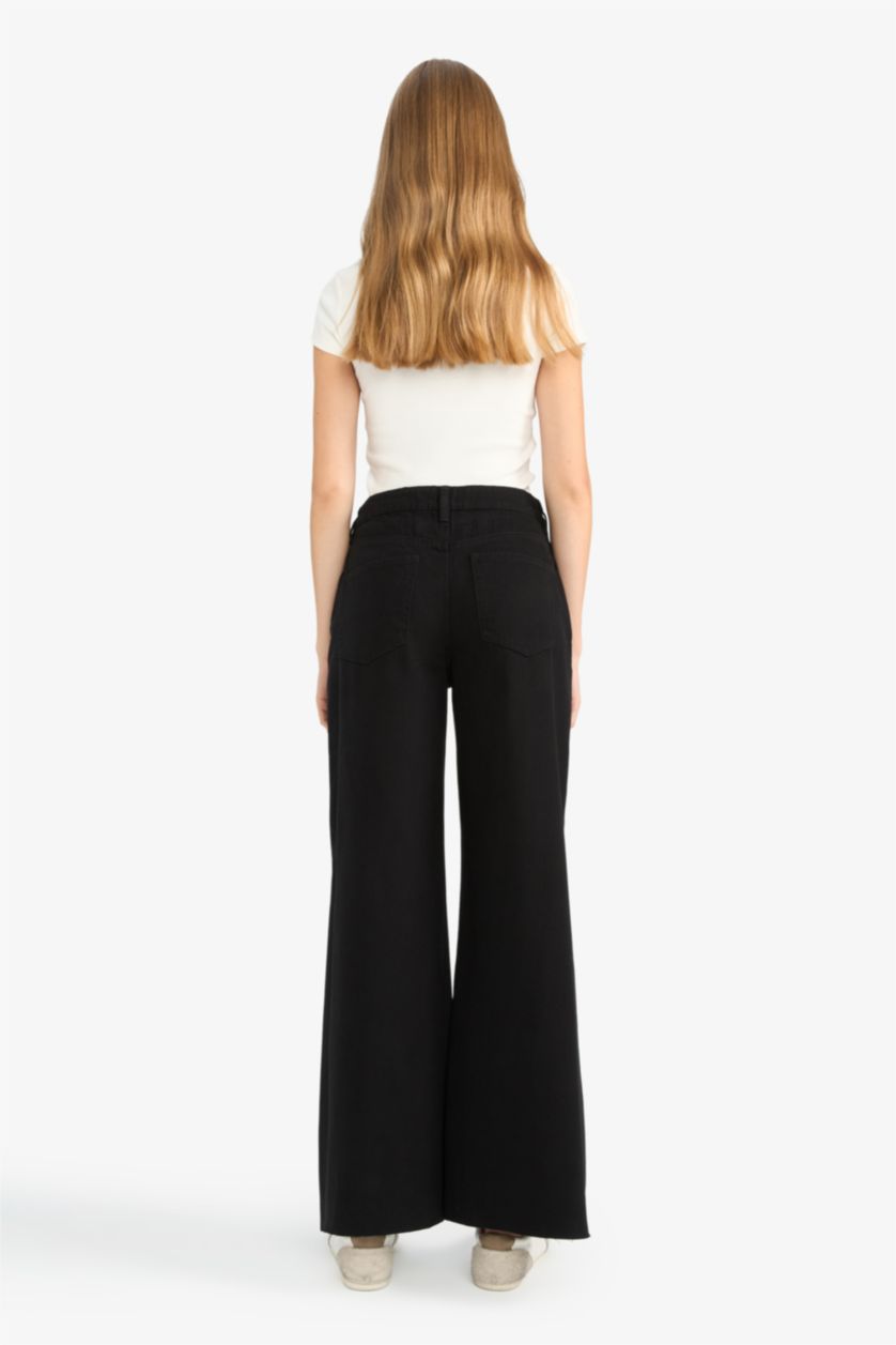 Woman Black Wide Leg Zipper Gabardine Trousers