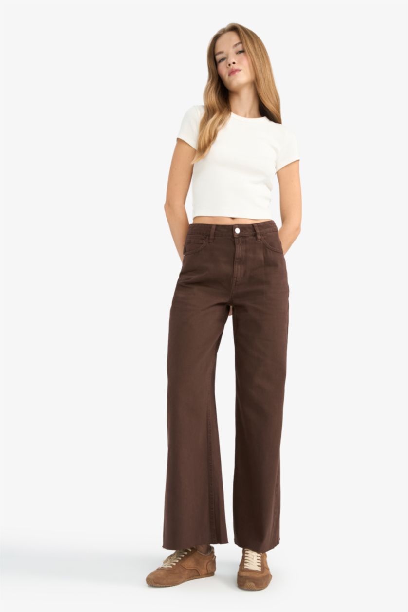 Woman Brown Wide Leg Zipper Gabardine Trousers