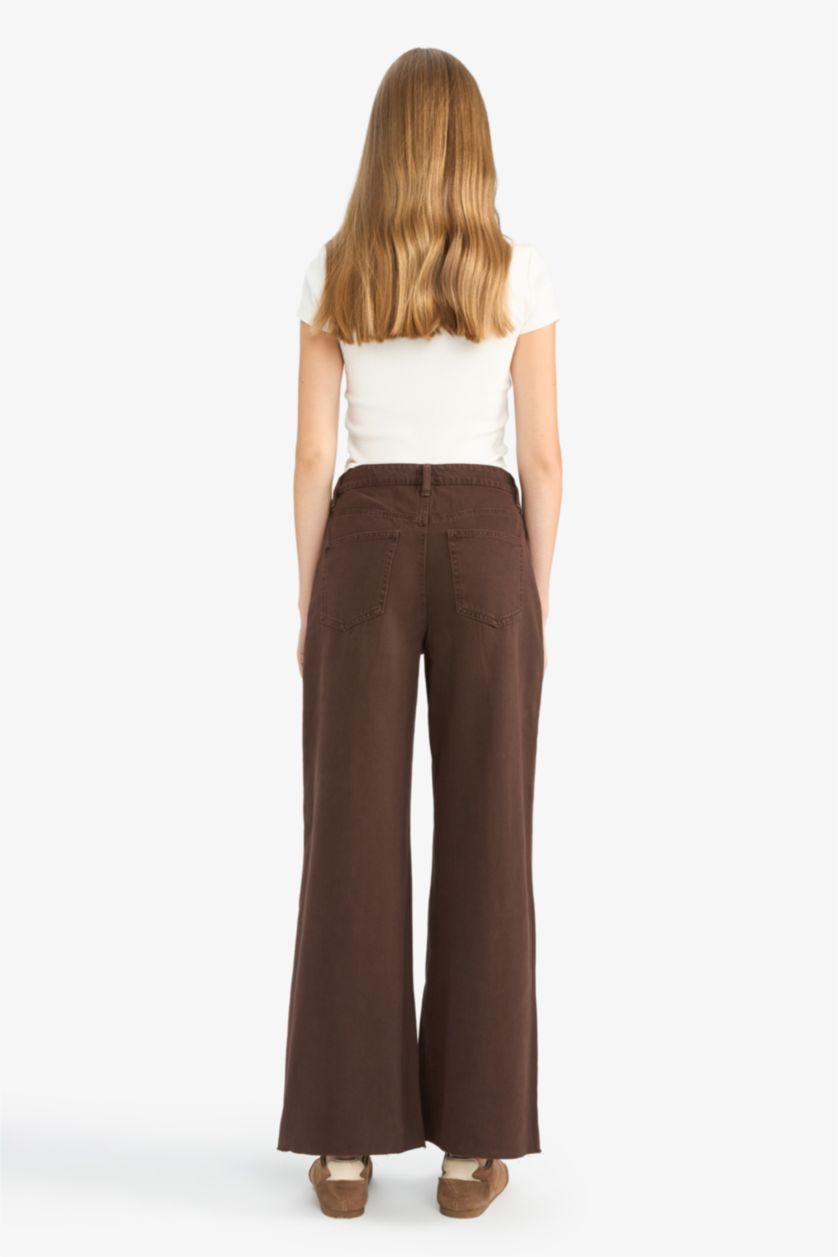 Woman Brown Wide Leg Zipper Gabardine Trousers