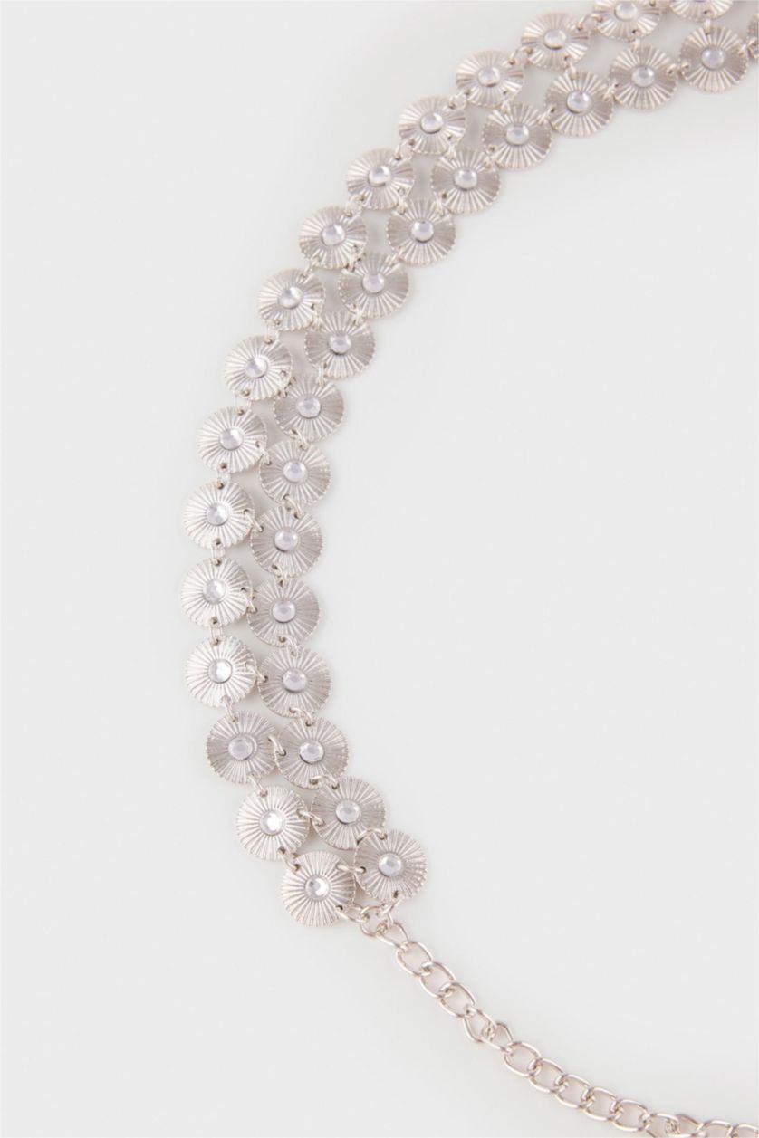 Kadın Gümüş Kadın Silver Yuvarlak İki Sıra Metal Zincir Kemer