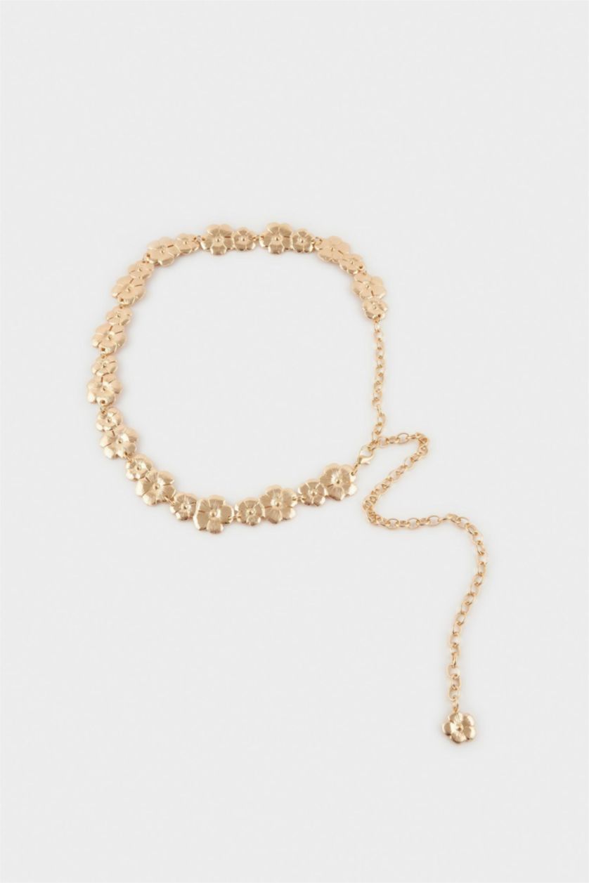 Kadın Altın Kadın Gold Çiçek Temalı Metal Zincir Kemer