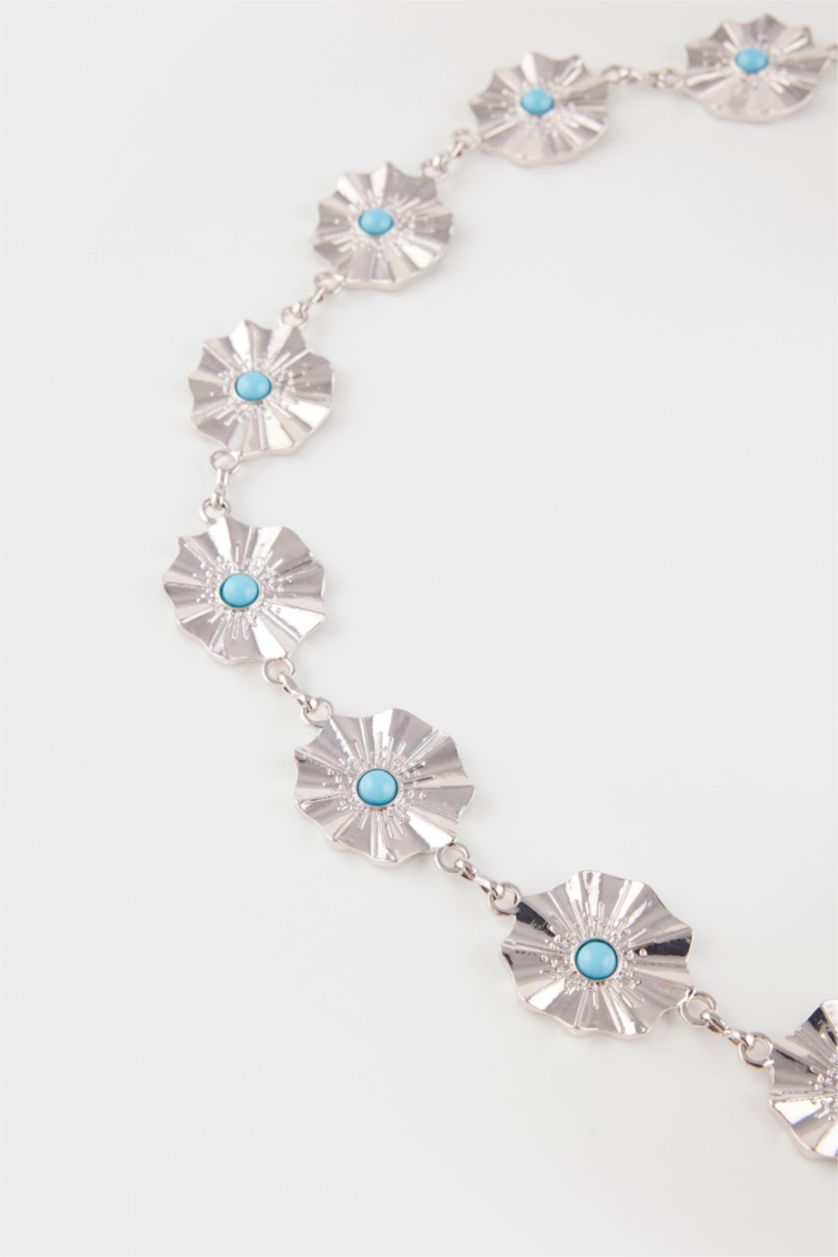 Kadın Gümüş Kadın Mavi Taşlı Çiçekli Silver Bel Zinciri