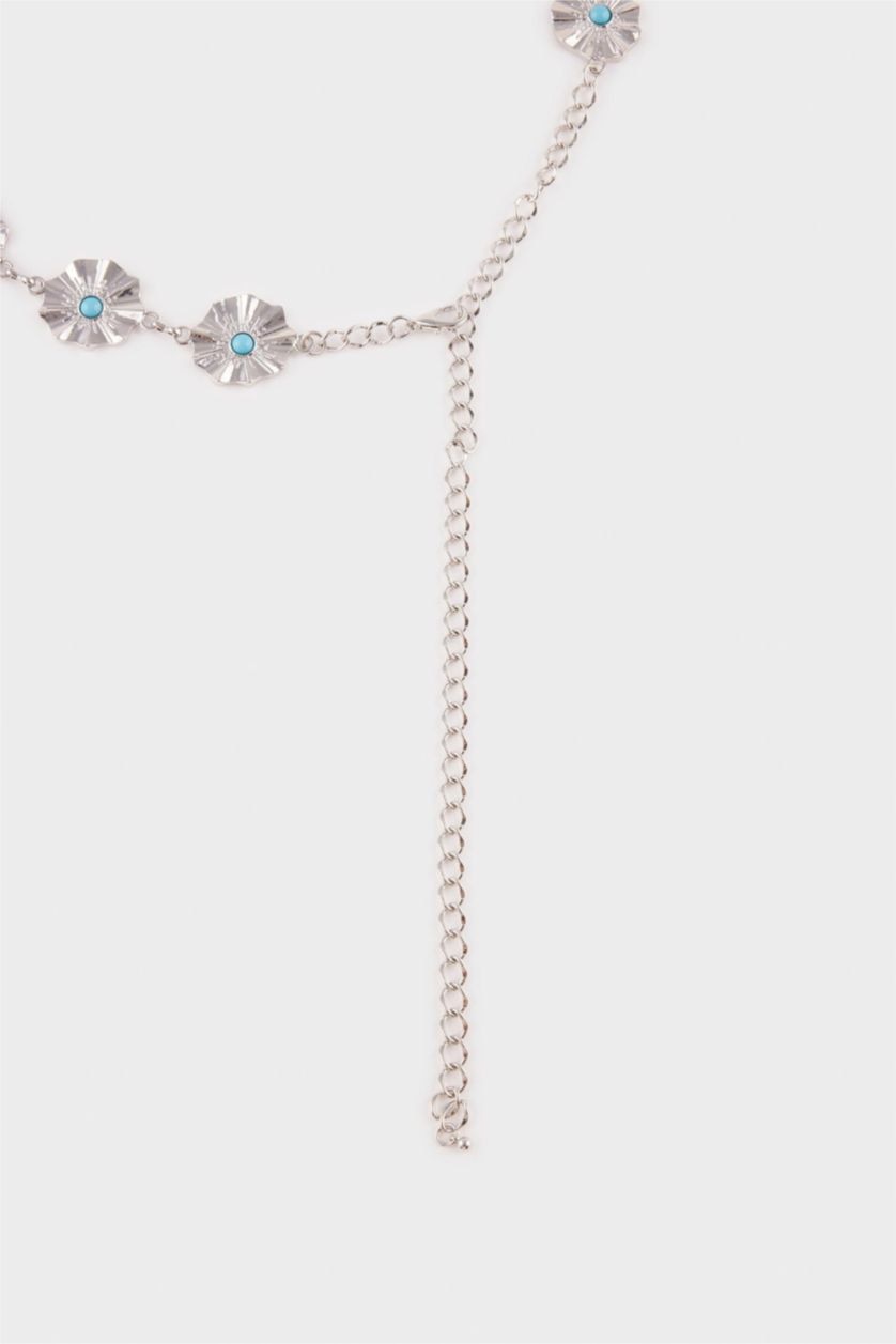 Kadın Gümüş Kadın Mavi Taşlı Çiçekli Silver Bel Zinciri