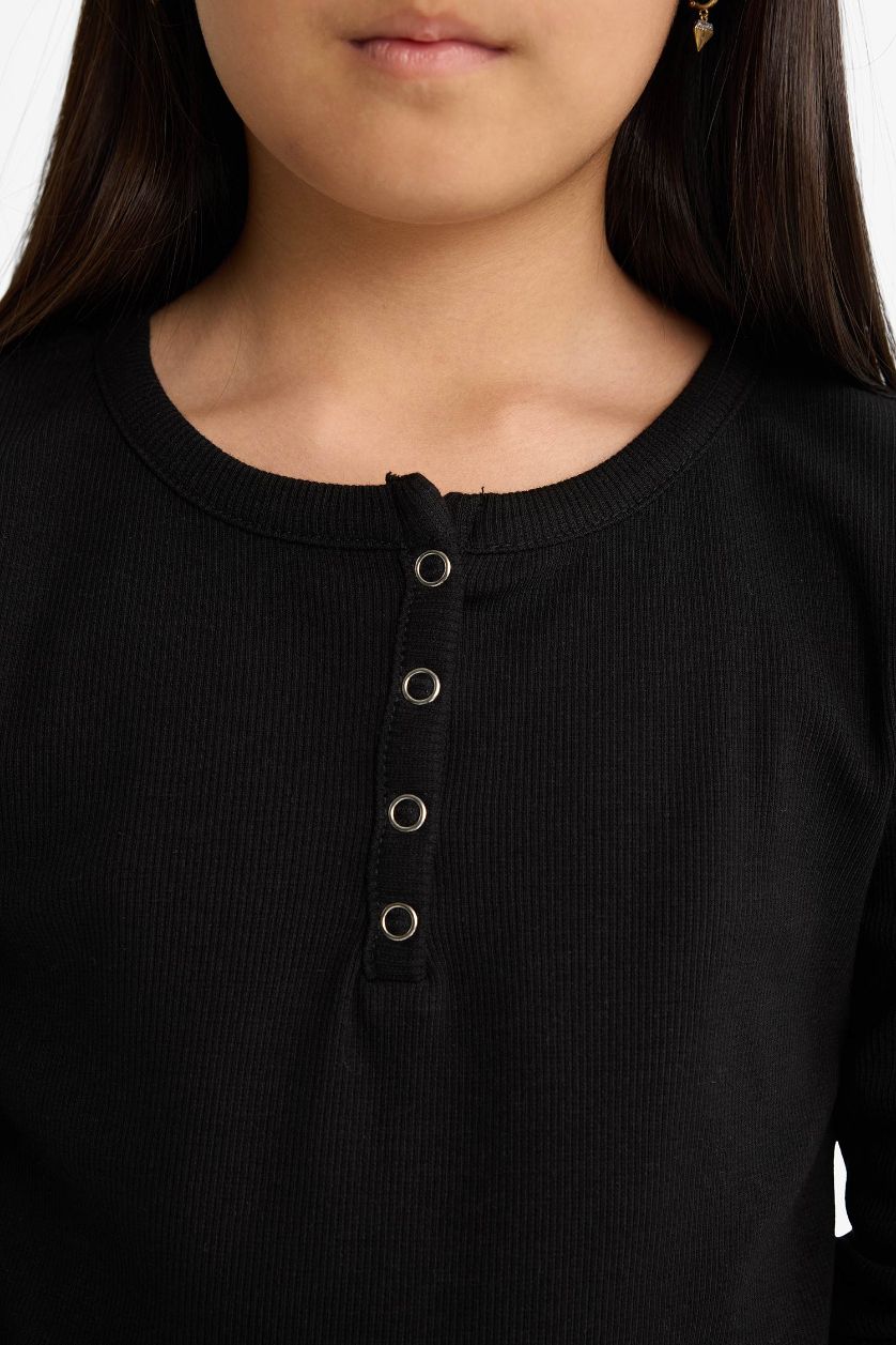 Kız Çocuk - Genç Kız Siyah 2'li Takım Fitilli Kaşkorse Uzun Kollu Tişört Eşofman Altı Kız Çocuk