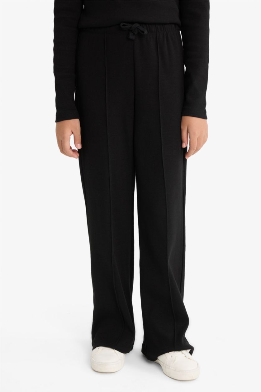 Kız Çocuk - Genç Kız Siyah 2'li Takım Fitilli Kaşkorse Uzun Kollu Tişört Eşofman Altı Kız Çocuk