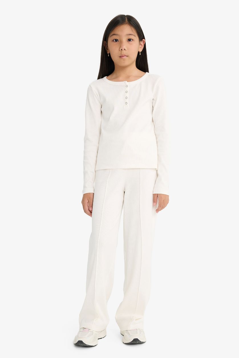 Kız Çocuk - Genç Kız Ekru 2'li Takım Fitilli Kaşkorse Uzun Kollu Tişört Eşofman Altı Kız Çocuk