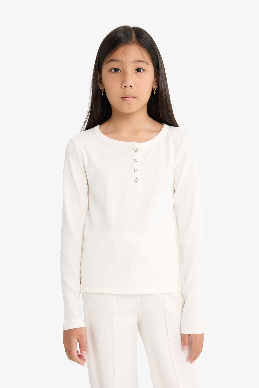 Kız Çocuk - Genç Kız Ekru 2'li Takım Fitilli Kaşkorse Uzun Kollu Tişört Eşofman Altı Kız Çocuk