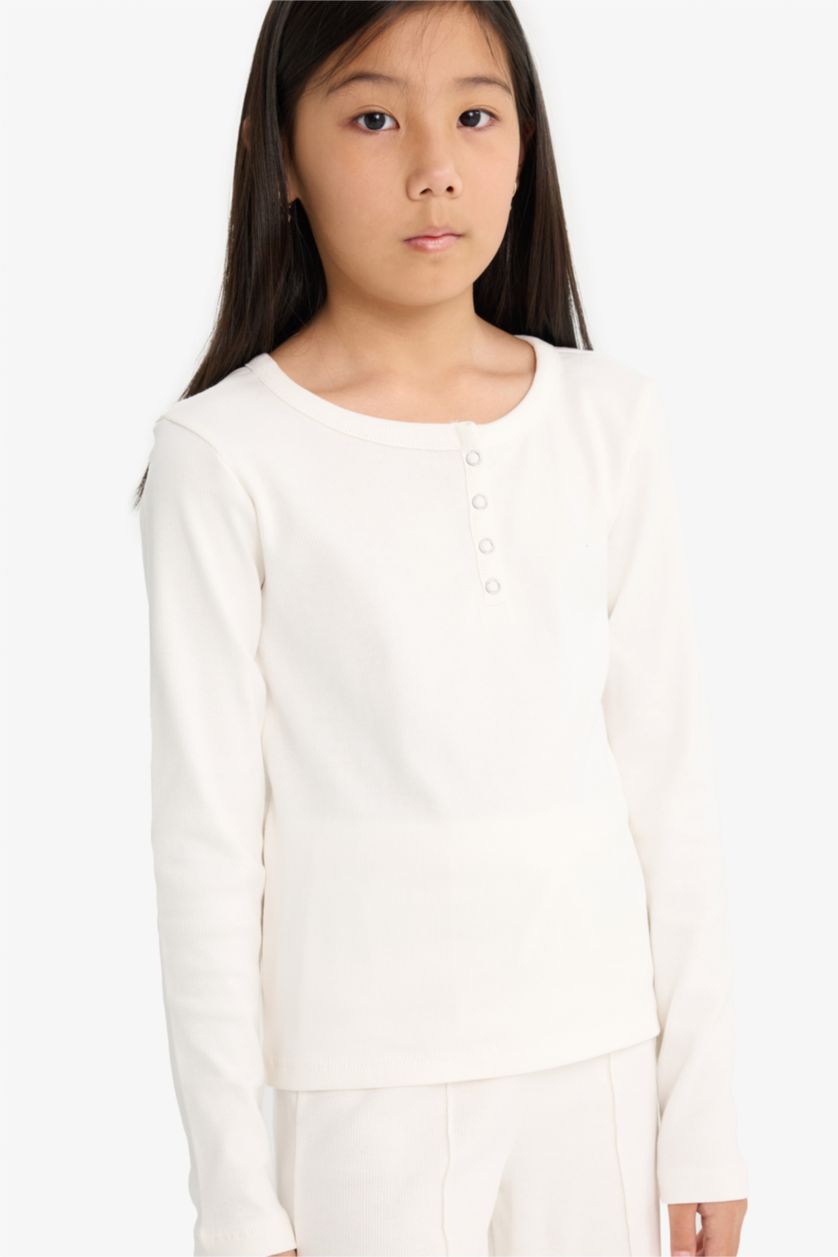 Kız Çocuk - Genç Kız Ekru 2'li Takım Fitilli Kaşkorse Uzun Kollu Tişört Eşofman Altı Kız Çocuk