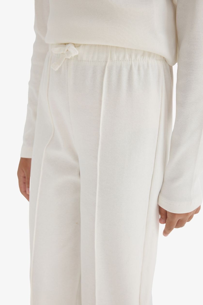 Kız Çocuk - Genç Kız Ekru 2'li Takım Fitilli Kaşkorse Uzun Kollu Tişört Eşofman Altı Kız Çocuk