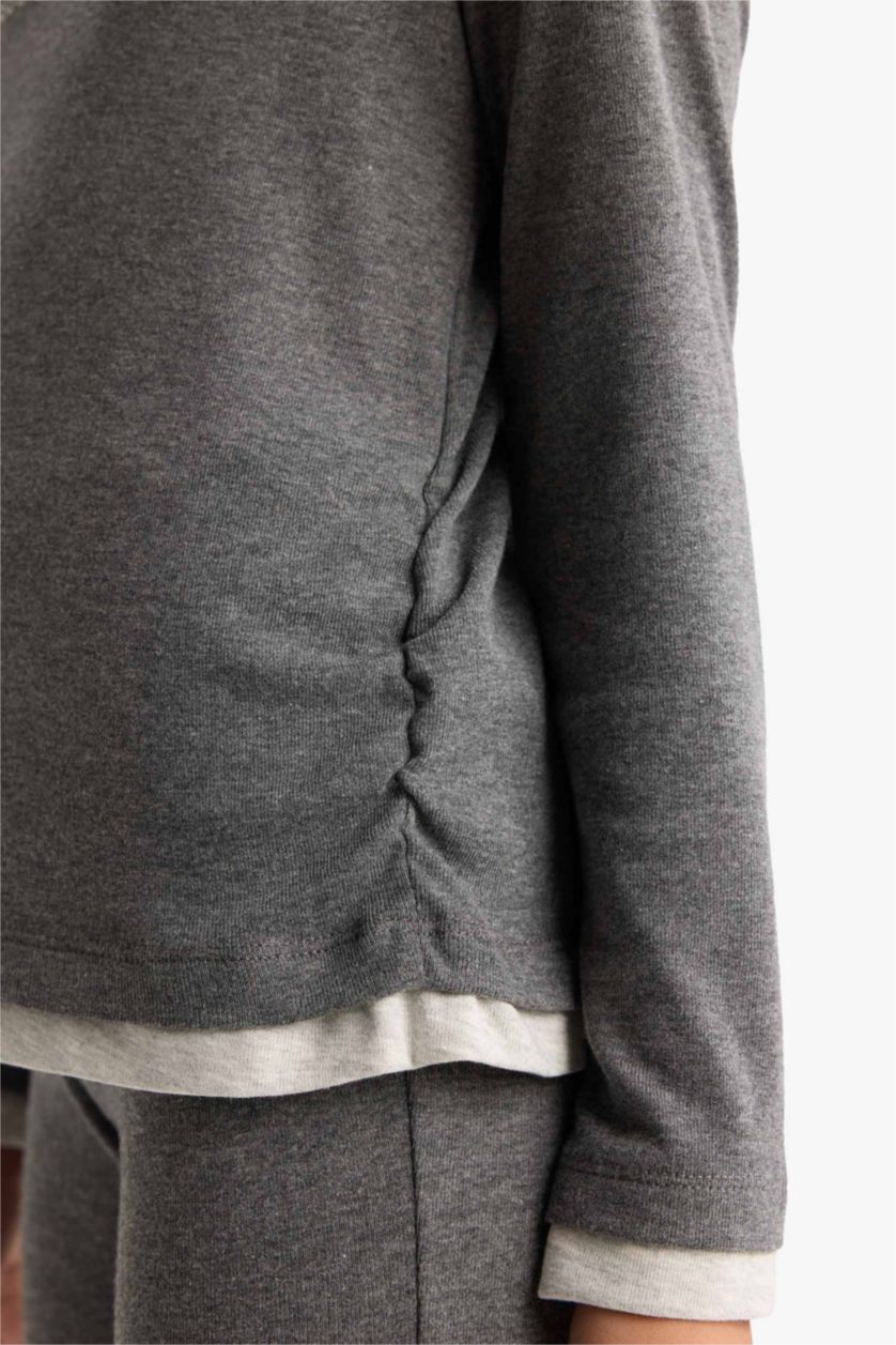 Kız Çocuk - Genç Kız Antrasit Melanj 2'li Takım Baskılı Uzun Kollu Tişört Eşofman Altı Kız Çocuk