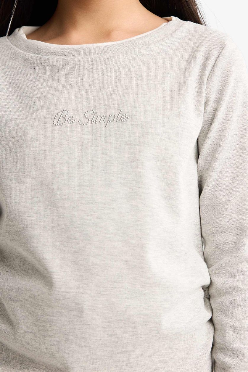 Kız Çocuk - Genç Kız Gri Melanj 2'li Takım Baskılı Uzun Kollu Tişört Eşofman Altı Kız Çocuk