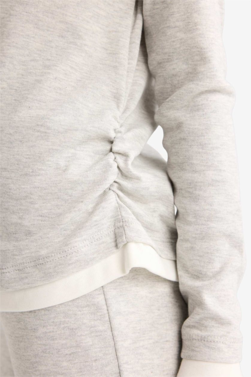 Kız Çocuk - Genç Kız Gri Melanj 2'li Takım Baskılı Uzun Kollu Tişört Eşofman Altı Kız Çocuk