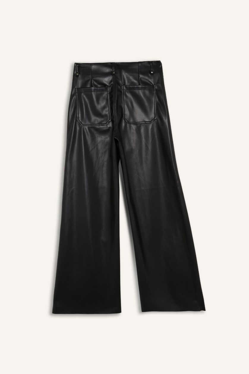 Kadın Siyah Wıde Leg Fermuarlı Uzun Deri Pantolon