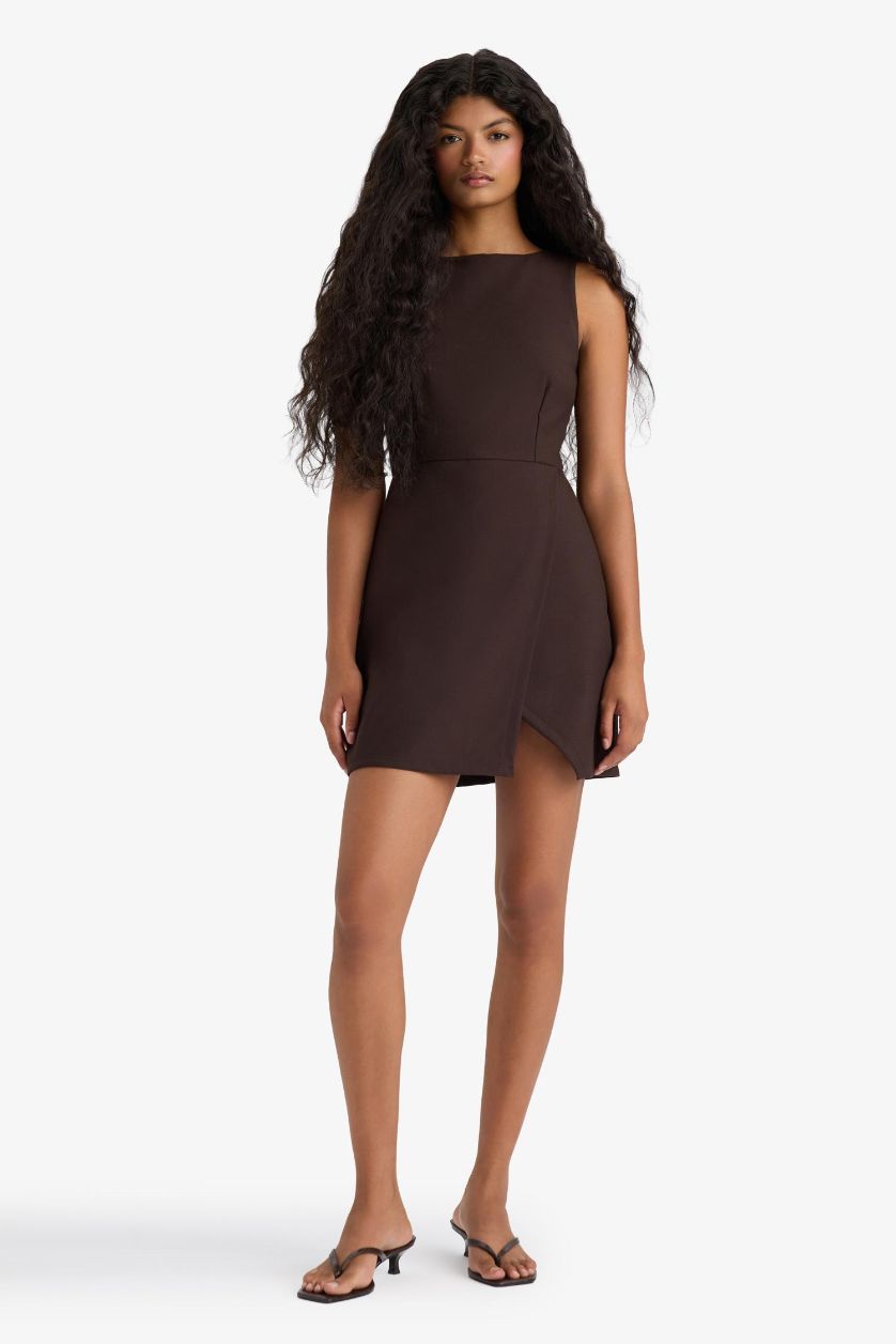 WOMAN Brown Square Collar Sleeveless Mini Dress
