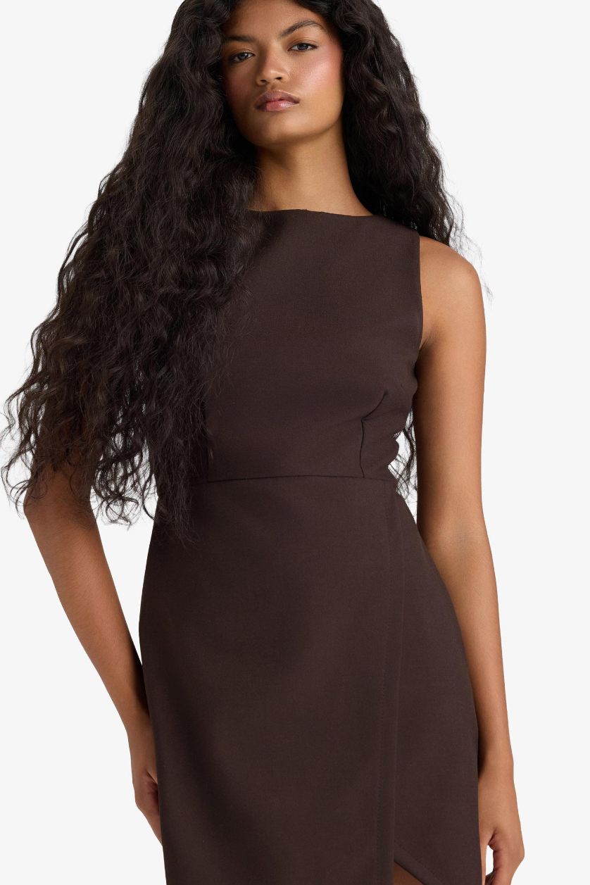 WOMAN Brown Square Collar Sleeveless Mini Dress