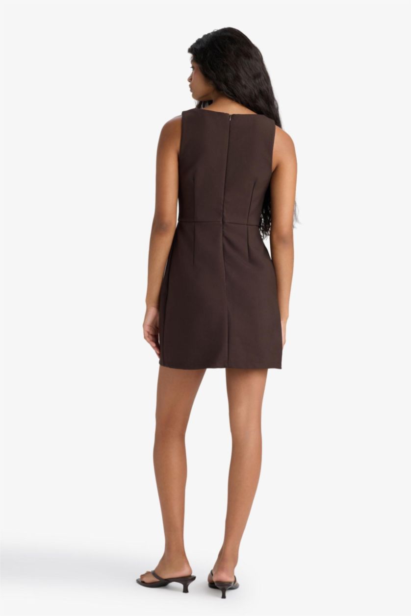 WOMAN Brown Square Collar Sleeveless Mini Dress