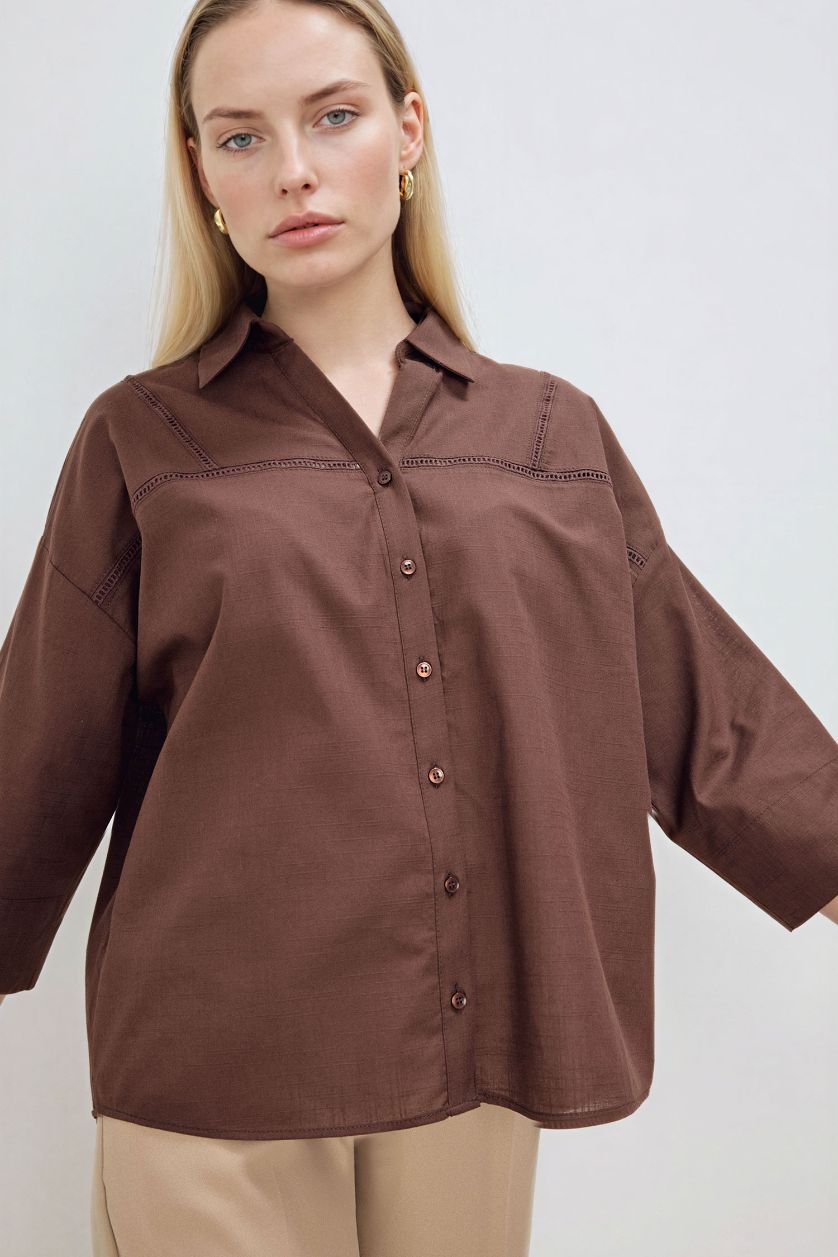 WOMAN Brown Relax Fit Shirt Collar Long Sleeve Shirt