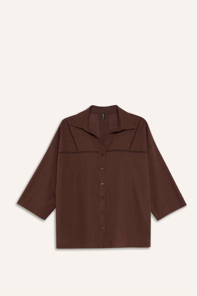 WOMAN Brown Relax Fit Shirt Collar Long Sleeve Shirt