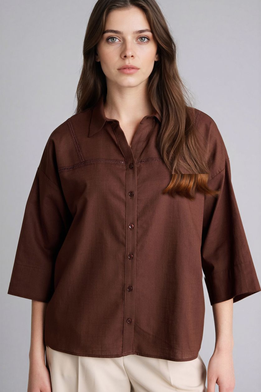 Woman Brown Relax Fit Shirt Collar Long Sleeve Shirt