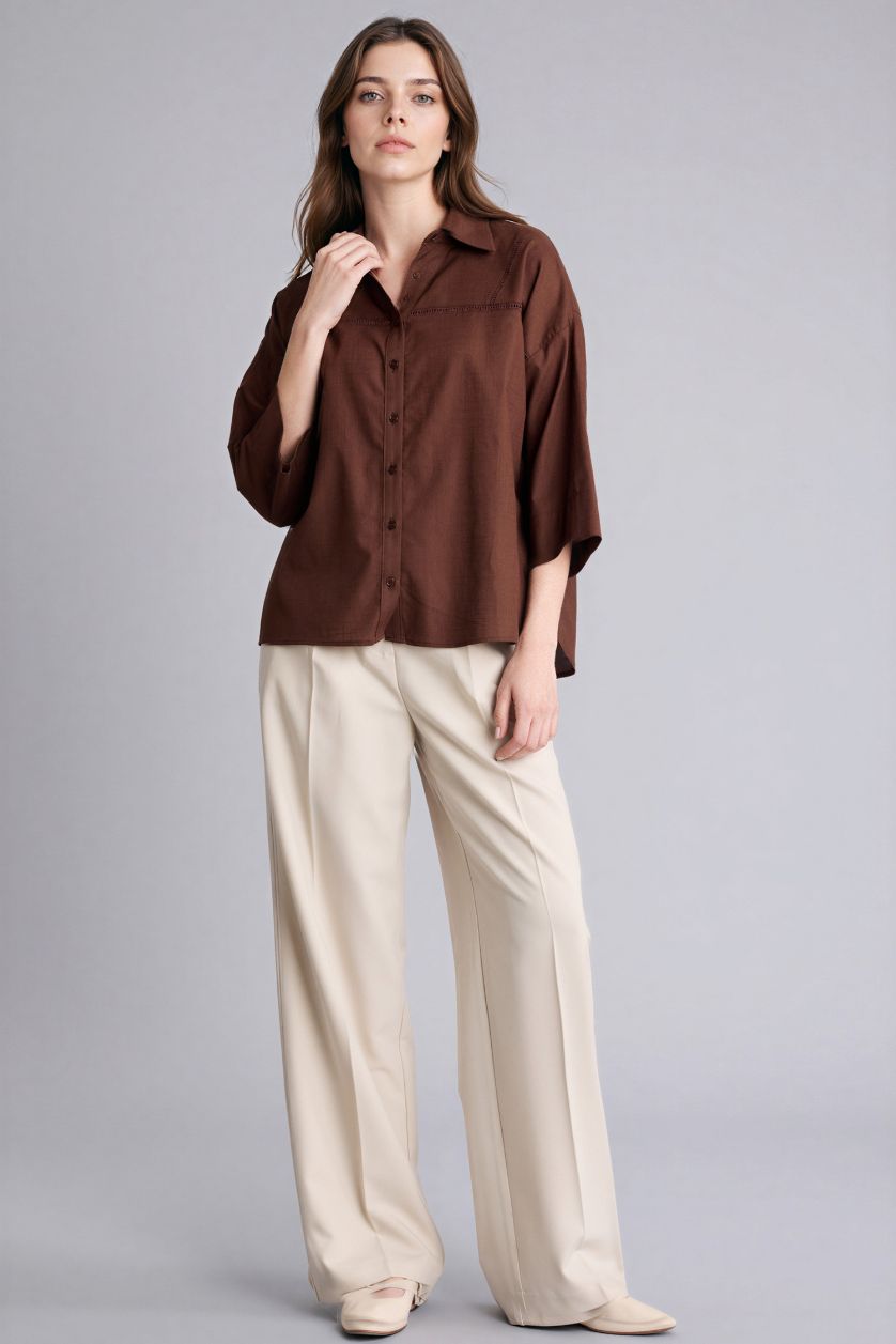 Woman Brown Relax Fit Shirt Collar Long Sleeve Shirt