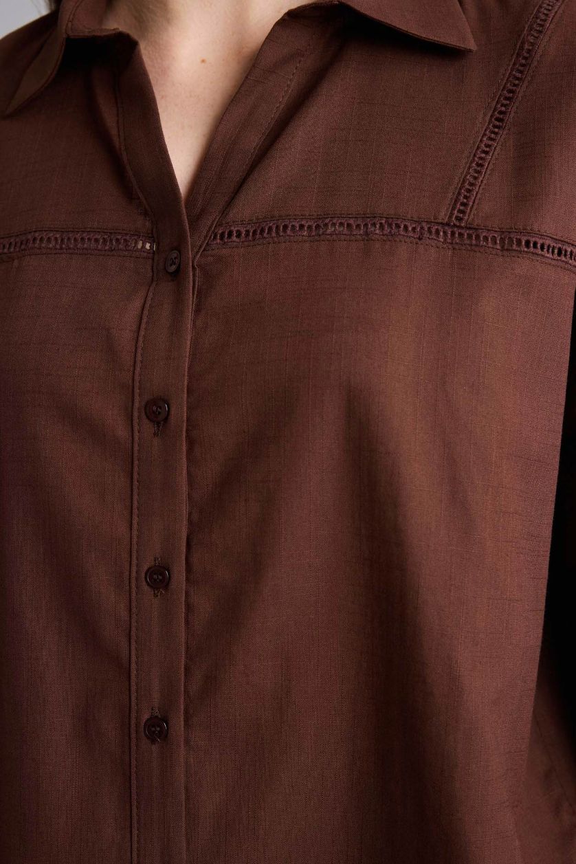 Woman Brown Relax Fit Shirt Collar Long Sleeve Shirt