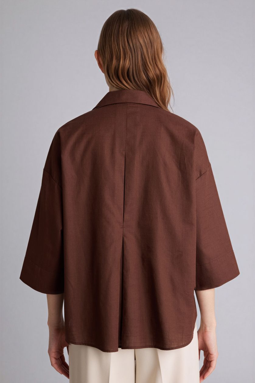 Woman Brown Relax Fit Shirt Collar Long Sleeve Shirt