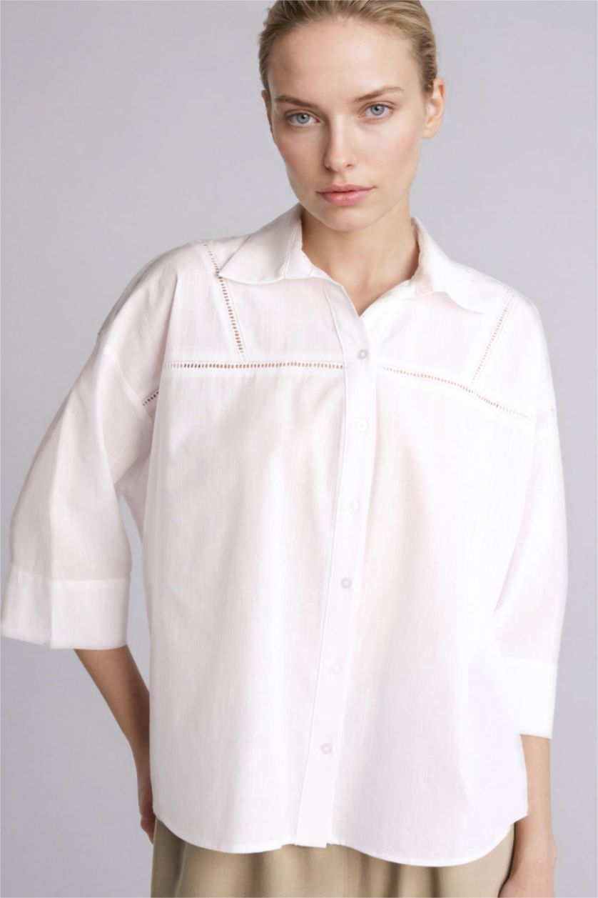 Kadın Beyaz Relax Fıt Flamlı Pamuk